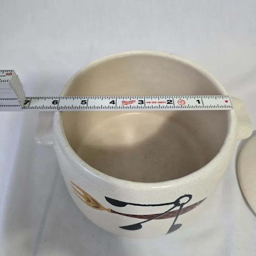Vintage 1960's Westbend Stoneware Fork & Spoon Design Bean Dish with Lid